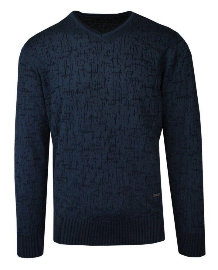 Sweter Ciemny Niebieski w Serek, Wzór Geometryczny, V-neck, Męski -TRIKKO