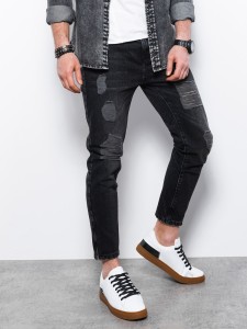 Męskie spodnie jeansowe taper fit z dziurami - czarne V2 P1028 - XXL