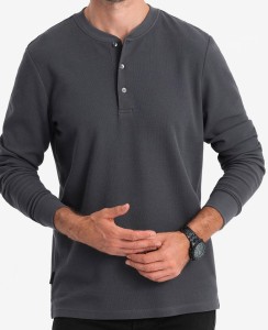 Męski longsleeve zapinany pod szyją z dzianiny waflowej – grafitowy V3 OM-LSCL-0120 - XXL
