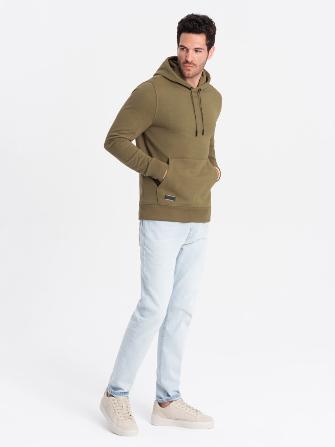 Bluza męska dresowa kangurka z kapturem BASIC – oliwkowa V2 OM-SSBN-0161 - XXL