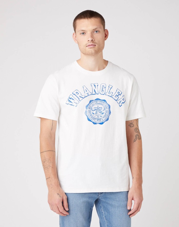 WRANGLER COLLEGIATE TEE MĘSKI T-SHIRT KOSZULKA LOGO NADRUK OFF WHITE W7E0EJ737