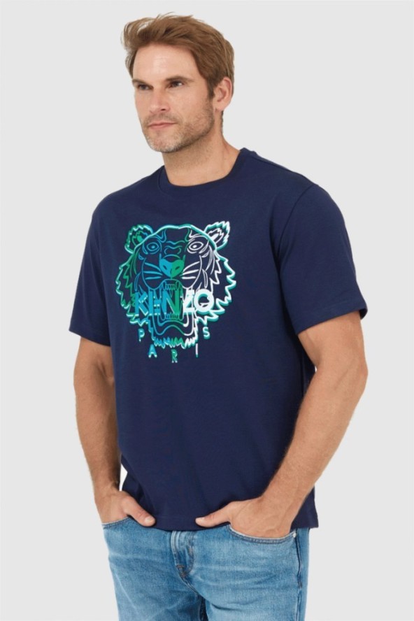 KENZO Granatowy t-shirt męski z wyszywanym logo